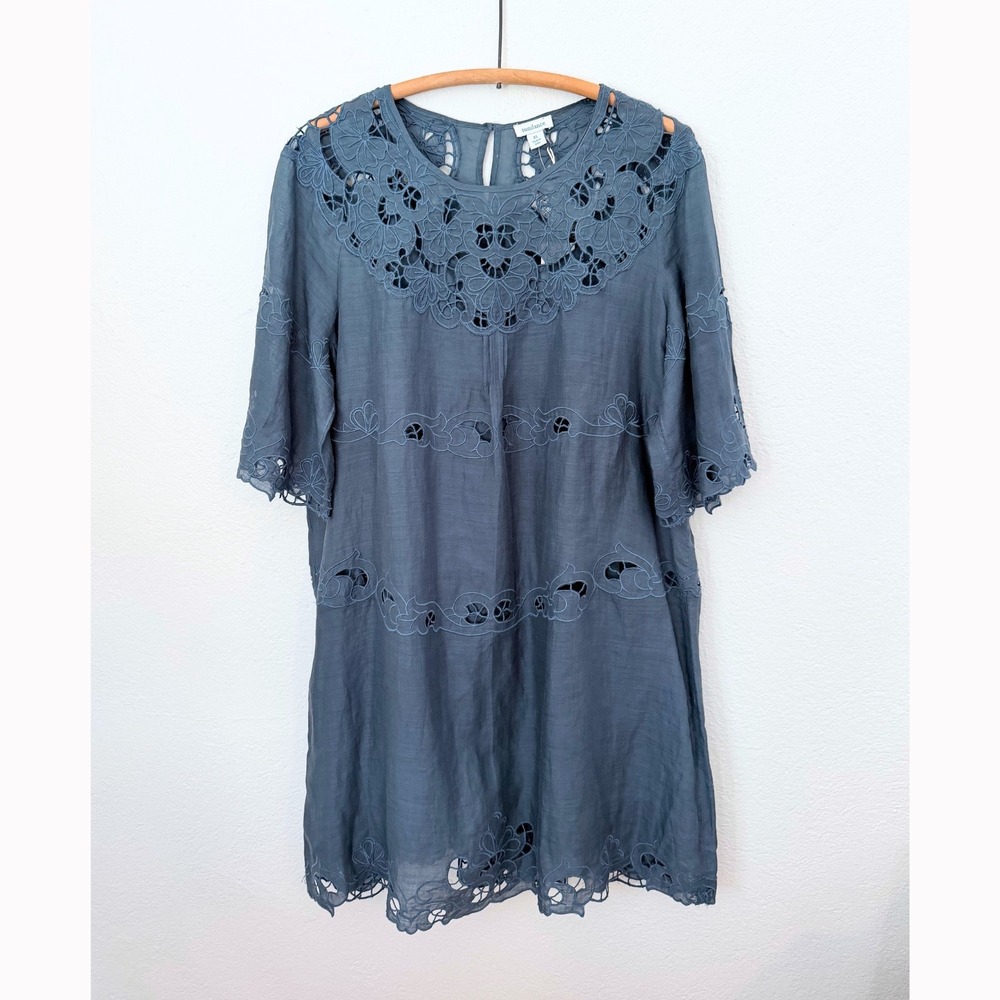 Sundance Anella Dress Steel Blue Embroidered Cutwork Ramie XL NWT Boho Chic